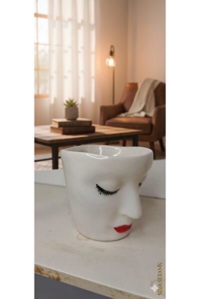 seda seramik Handmade Flat and Floral Crowned Women's Face Double Coffee Cup 225 Ml.