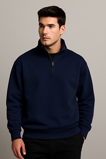 DEEPSENCE Чоловічий товстий 3-нитковий светр з прямим коміром, напівзастібкою та флісовою підкладкою