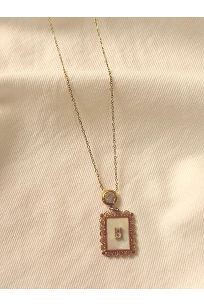 Melanj Craft Rectangular Enamel Stone Steel Necklace - Gold