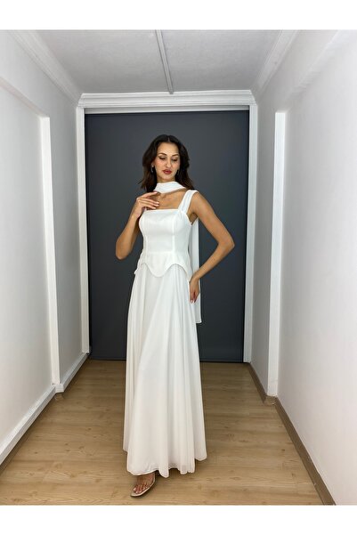 gökkuşagı moda Beyaz Askılı Straplez Bel Korsajlı Üst Krep Alt Şifon Uzun Abi...