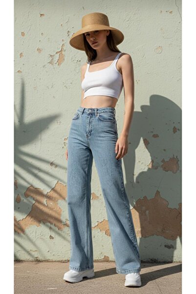 geenz manifacture Suzy Women's High Waist Snow Blue Jeans Loose Denim Pants Palazzo