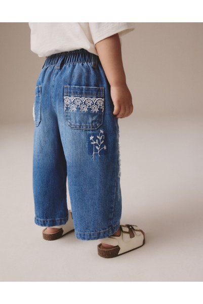 Pink Hippo Kids Girl's Denim Flower Crochet Embroidered W Wide Leg Jean Pants