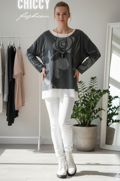 Chiccy Italian Khaki Pool Collar Long Sleeve Patterned Thin Two-Piece Set Inside Sleeveless Combed Knitwear Blouse 70 60