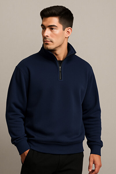 DEEPSENCE Чоловічий товстий 3-нитковий светр з прямим коміром, напівзастібкою та флісовою підкладкою