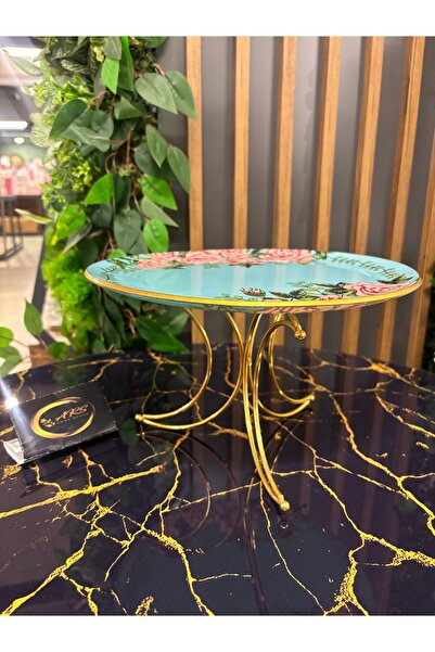 ARS HOME DEKOR Glass Design Metal Leg Presentation Plate, Moon-Shaped Metal Leg and Decorative Glass Rose Pattern on Top
