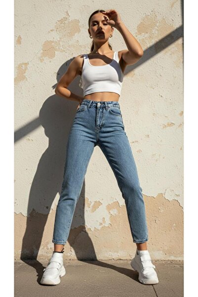 geenz manifacture Snow Blue Mom Jeans Stretch Fabric Denim Trousers