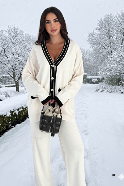WOMAN VISION Women's Knitwear Double Set - Cardigan with 2 Front Metal Buttons and Wide Leg Pants Set Lap-002