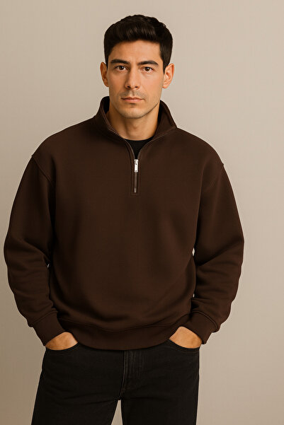 DEEPSENCE Ανδρικό χειμερινό φούτερ με μισό φερμουάρ, χοντρό 3-κλωνο D ψηλός λαιμός με φλις εσωτερικά