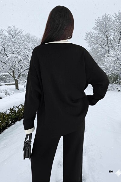 WOMAN VISION Women's Knitwear Double Set - Cardigan with 2 Front Metal Buttons and Wide Leg Pants Set Lap-002