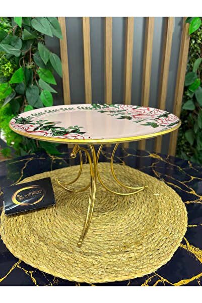 ARS HOME DEKOR Glass Design Metal Leg Presentation Plate, Moon-Shaped Metal Leg and Decorative Glass Rose Pattern on Top