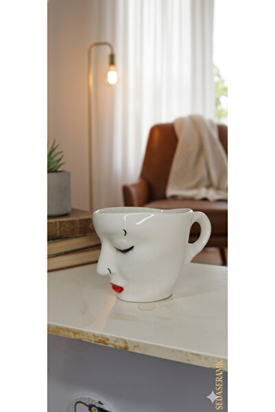 seda seramik Handmade Flat and Floral Crowned Women's Face Double Coffee Cup 225 Ml.