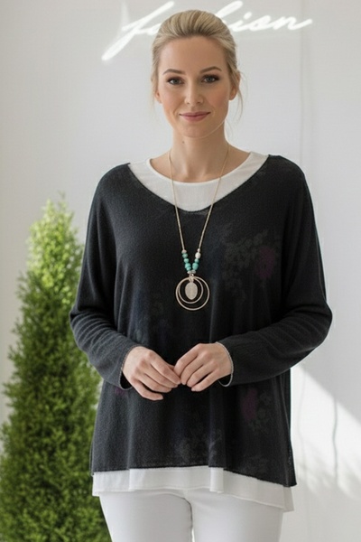 Chiccy Italian Dark Anthracite Pool Neck Long Sleeve Patterned Thin Two-Piece Set Sleeveless Combed Cotton Knitwear Blouse 70 60