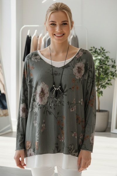 Chiccy Italian Khaki Pool Collar Long Sleeve Patterned Thin Two-Piece Set Inside Sleeveless Combed Knitwear Blouse 70 60