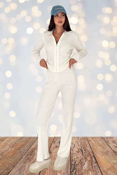 Moda Amore Ribbed Knitwear Sporty Stylish Tracksuit Style Two-Piece Set (Zippered Cardigan and Comfortable Pants) 66003
