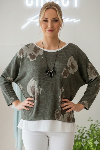 Chiccy Italian Khaki Pool Collar Long Sleeve Patterned Thin Two-Piece Set Inside Sleeveless Combed Knitwear Blouse 70 60