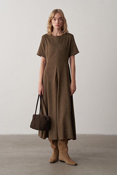 Mathilda Store Haki Maxi Süet Elbise