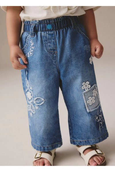 Pink Hippo Kids Girl's Denim Flower Crochet Embroidered W Wide Leg Jean Pants