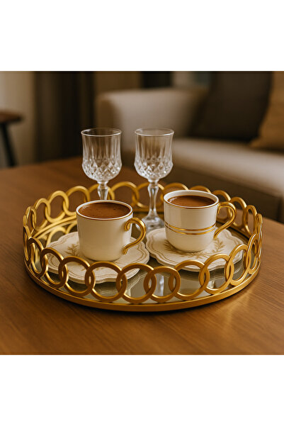 YAVUZHAN Halka Detaylı Lüks Gold söz, nişan, sunum, dekoratif Tepsi (30 cm)