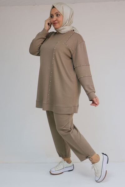 Eslina 57052 Plus Size Double Modal Suit with Elasticated Trouser Legs - Mink