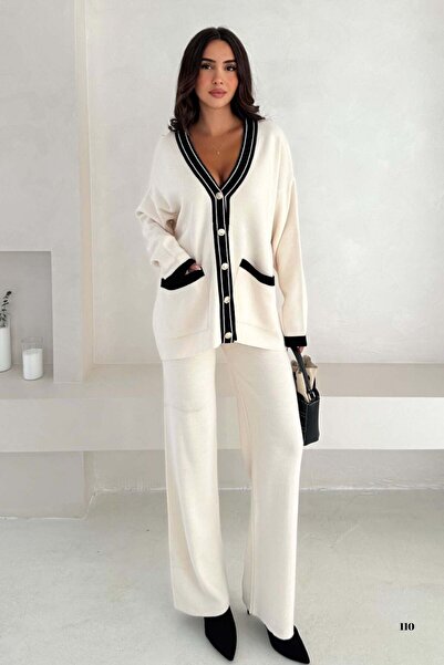 lovebox Knitwear Double Set - V-Neck Metal Button Detailed Cardigan and Trouser Set Stylish Design 002
