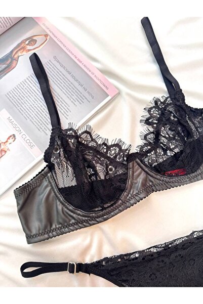 LİBELLA İÇ GİYİM Women's Leather Detailed Lace Underwire Stylish 2-Piece Thong Bra Set