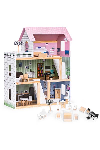 Ecotoys Casă de păpuși, lemn, 3 etaje, terasă, mobilier, 15 piese, multicolor...
