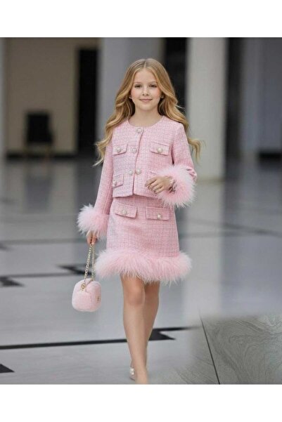 By Feyza Kids Collection Kız Çocuk Tweed Ceket-Etek & Çanta 3’lü Takım – Pelu...