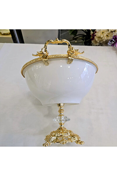 MaviDamla 21 cm Cast Metal Frame Porcelain Bowl with Legs Gold