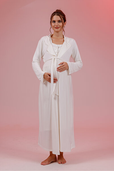 BLACKMORE Women's Ecru Cotton Long Sleeve Maternity Nightgown-Dressing Gown Set of 2