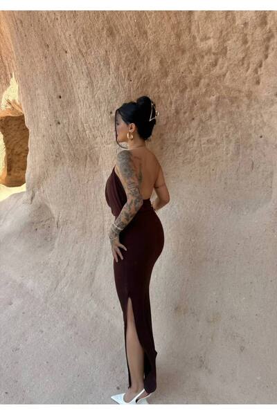 aytenli Degaje Draped Gold Accessory V-Neck Backless Side Ruched Side Slit Lined Long Dress