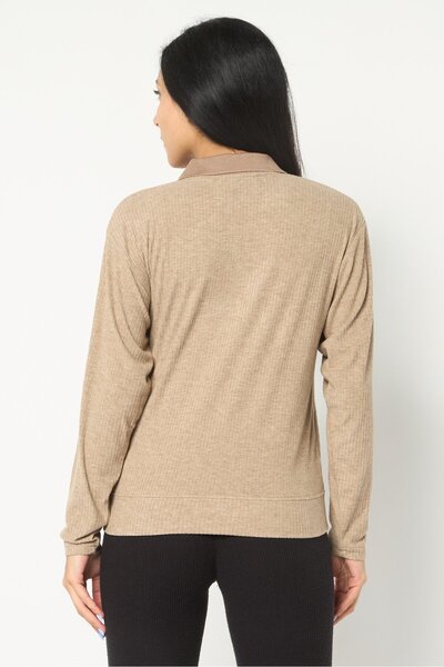 London Fog Women Spread Collar Stripe Long Sleeve Sleepwear Top, Light Brown