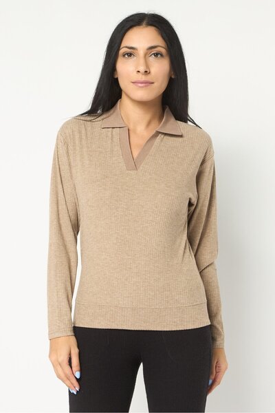 London Fog Women Spread Collar Stripe Long Sleeve Sleepwear Top, Light Brown