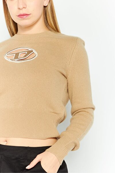 Diesel Women Crew Neck Long Sleeves Embroidered Sweater, Beige