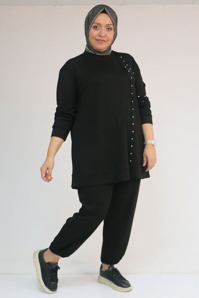 Eslina 57052 Plus Size Double Modal Suit with Elasticated Trouser Legs - Black