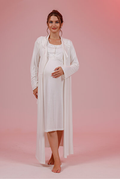 BLACKMORE Women's Ecru Cotton Long Sleeve Maternity Nightgown-Dressing Gown Set of 2