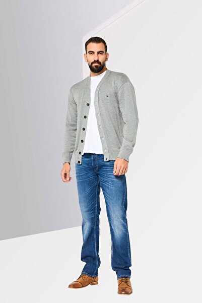 Tommy Hilfiger Men V Neck Embroidered Logo Cardigan, Grey