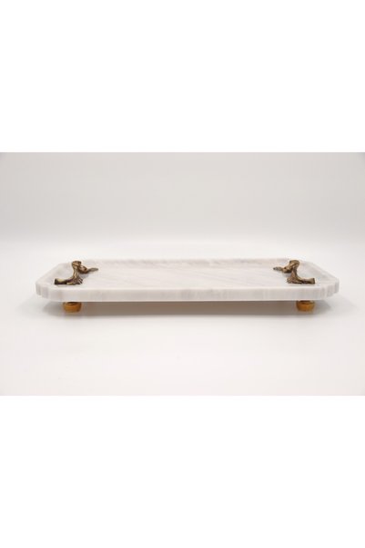 Montdekor صينية زخرفية مصنوعة يدويًا من الحجر الرخامي مع مقبض برونزي (20x40x10 سم)