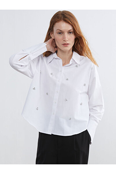 LC Waikiki Lcw Vision Ecru Women's Oversize Shirt with Stones