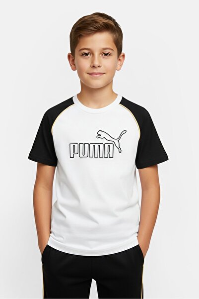 Puma تي شيرت رياضي قصير الأكمام مناسب للأولاد الصغار، أبيض