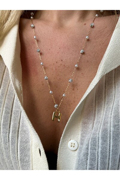 Rossetto Atelier Paslanmaz Çelik H Harfli İncili Zincirli Merci Kolye