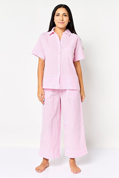 Rae dunn طقم بيجامة نسائي مكون من قطعتين، قميص وسروال مخطط، متعدد الألوان