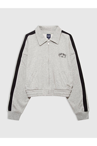GAP Kadın Gri Fransız Havlu Kumaş Varsity Track Fermuarlı Sweatshirt