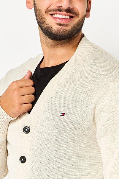 Tommy Hilfiger Men V Neck Embroidered Logo Cardigan, Beige