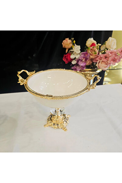 MaviDamla 26 cm Cast Metal Frame Footed Porcelain Bowl Gold