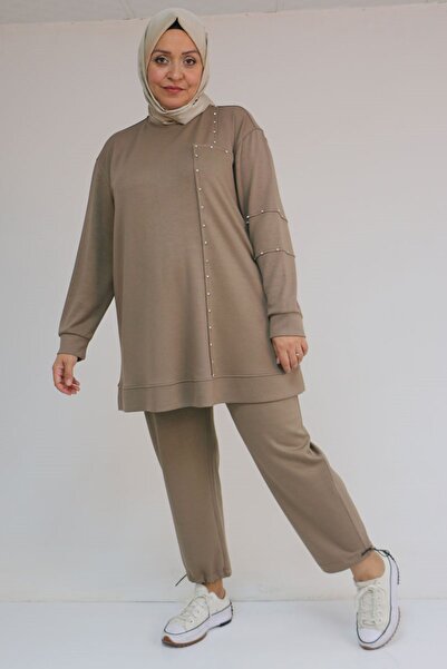 Eslina 57052 Plus Size Double Modal Suit with Elasticated Trouser Legs - Mink