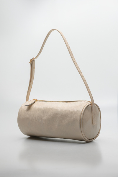 Shkup Beige Cylinder Zipper Closure Women's Hand and Shoulder Bag