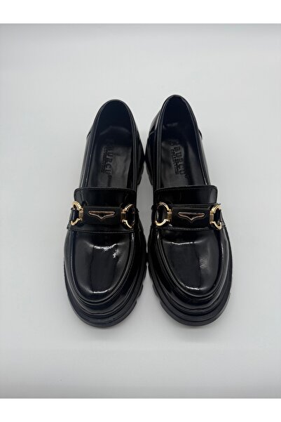 BURCU COLLECTİON Mabel Black Leather Loafer with Thick Sole and Gold Buckle Detail