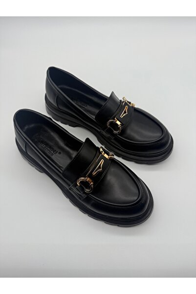 BURCU COLLECTİON Mabel Black Loafer with Thick Sole and Gold Buckle Detail