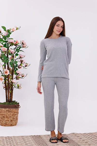 BLACKMORE Women's Grey Interlock Winter Cotton Long Sleeve Pajamas Set