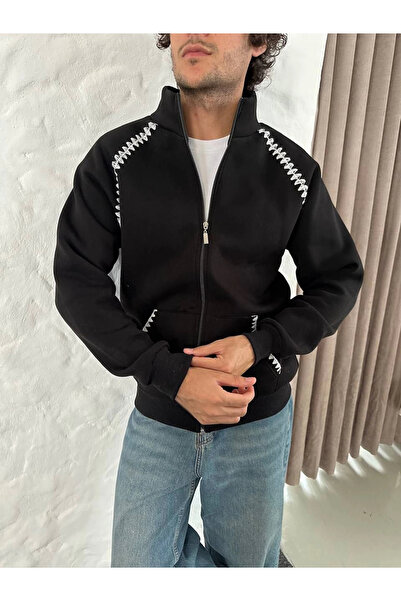 GökTR Men's Oversize Stand Collar Zippered Sweatshirt - Chain Embroidered Kangaroo Pocket - Black